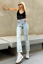 Trend Alaat Stili Women's Ice Blue High Waist Ripped Detail Straight Fit Jeans
