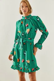 Women's Backless Skirt and Sleeves Ruffle Elastic Waist Patterned Dress 21404