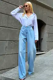 Trend Alaat Stili Women's Blue High Waist Faded Effect Wide Leg Flowy Jeans