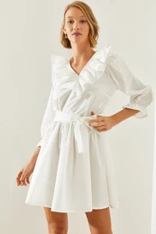 Women's V-Neck Sleeve and Collar Detailed Mini Dress 21228