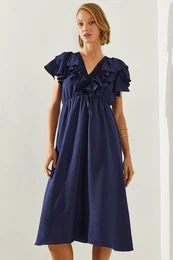 Women's Lined Ruffle Detailed V-Neck Gipel Airobin Linen Dress 5833