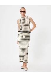 Lined Midi Length Tie Detailed Openwork Striped Knit Skirt