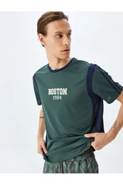 Crew Neck Short Sleeve Color Block Slogan Printed Oversize Sports T-Shirt