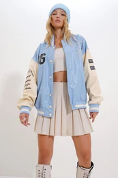 Trend Alaat Stili Women's Blue Double Pocket Snap Closure Oversize Bomber Jacket