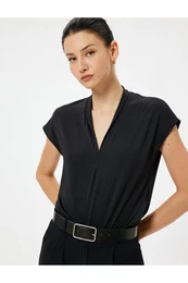 Cap Sleeve V Neck Crepe Blouse