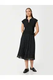 High Waist Tulle Lined Pleated Polka Dot Midi Skirt