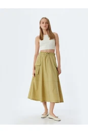 A Cut with Cargo Pocket Elastic Waist Midi Length Skirt