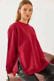 Women's Crew Neck Raised Zipper Detail Basic Sweatshirt