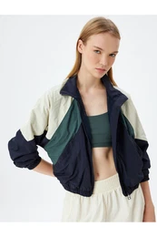 Sports Parachute Jacket Zippered Stand Collar Color Block Pocket Detail