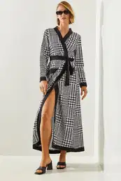 Women's Belted Houndstooth Patterned Long Kimono 20447