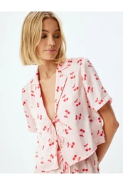 Cherry Printed Short Sleeve Crop Pajama Top with Bow Tie