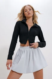 Trend Alaat Stili Women's Black Polo Collar Zipper Crop Blouse
