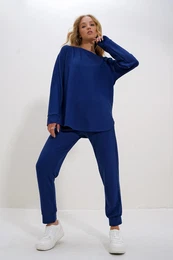 Trend Alaat Stili Women's Navy Blue Crew Neck Side Slit Soft Texture Modal Tracksuit