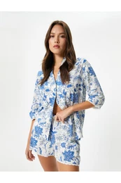 Shirt Collar Pajama Top Floral Long Sleeve Buttoned Viscose