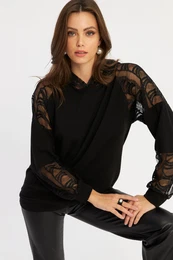 Women's Black Lace Detailed Hooded Sweatshirt BK58