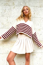 Trend Alaat Stili Women's Burgundy Polo Collar Striped Crop Sweater