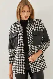 Women's Houndstooth Patterned Leather Garnished Stamp Shirt