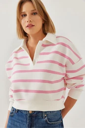 Women's Polo Neck Three Thread Raised Stripe Sweatshirt