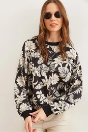 Women's Floral Black Basic Soft Textured Casual Sweatshirt