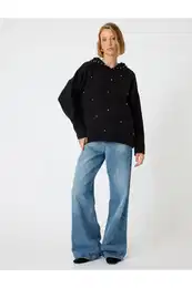 Hooded Oversize Knitwear Sweater with Stones Long Sleeves