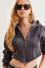 Women's Anthracite Corset Detailed Hooded Raised Crop Sweatshirt