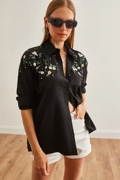 Women's Daisy Black Embroidery Detailed Oversize Woven Shirt