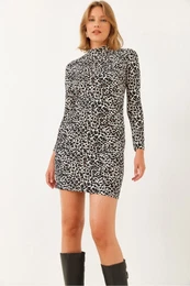 Women's Leopard Print Turtleneck Mini Dress 10013