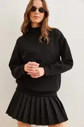 Women's Black Half Turtleneck Basic Sweatshirt