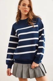 Women's Navy Blue White Striped Raised Oversize Sweatshirt