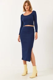 Women's Square Neck Long Sleeve Skirted Top-Bottom Set 2110