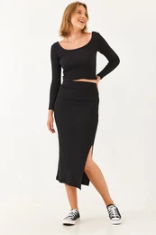 Women's Square Neck Long Sleeve Skirted Top-Bottom Set 2110