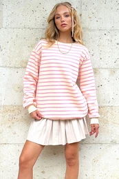 Trend Alaat Stili Women's Pink Crew Neck Striped 3 Thread Ribbed Sweatshirt
