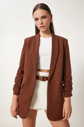 Happiness stanbul Women's Brown Shawl Collar Gathered Detailed Woven Blazer Jacket