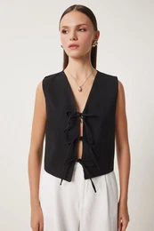 Happiness stanbul Women's Black Bow Tie Woven Vest