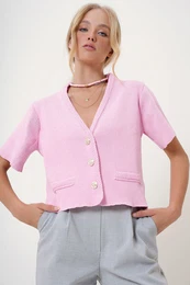 Trend Alaat Stili Women's Pink V Neck Gold Buttoned Pocket Detailed Knitwear Cardigan