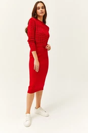 Women's Red Thin Strap Knitwear Dress Openwork Sweater Suit