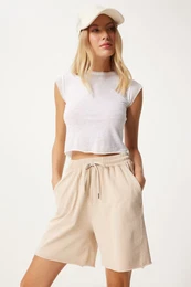 Happiness stanbul Women's Cream Wash Knitted Tracksuit Shorts