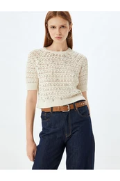 Openwork Crop Sweater Short Sleeve Crew Neck Beaded Embroidered