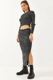 Women's Glittery Slit Detailed Knitwear Top-Bottom Set 9911