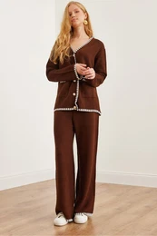 Women's Bitter Coffee Piping Detailed Top Cardigan Bottom Trousers Knitwear Set