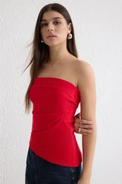 Red Strapless Asymmetrical Cut Woven Blouse