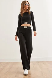 Women's Black Textured Embroidered Bottom Top Flowing Suit