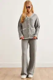 Women's Gray Piping Detailed Top Cardigan Bottom Trousers Knitwear Set