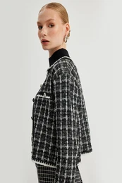 Round Neck Buttoned Pocket Long Sleeve Tweed Cardigan