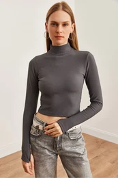Women's Smoke Half Turtleneck Thin Ribbed Finger Detailed Ottoman Blouse
