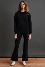 Irelia Women's Printed Detailed 100% Organic Cotton Regular 3 Thread Knitted Black Tracksui