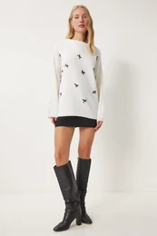 Happiness stanbul Women's Ecru Bow Detail Oversize Knitwear Sweater