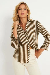Women's Ecru-Khaki Striped Shirt