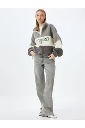 Plush Sweatshirt Oversize Half Zipper College Embroidered Color Block