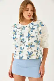 Women's Tulle Flower Detailed Three Thread Raised Sweatshirt